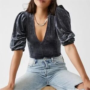 Free People Blue Puff Sleeve Velvet One Piece Bodysuit Size L whimsigoth